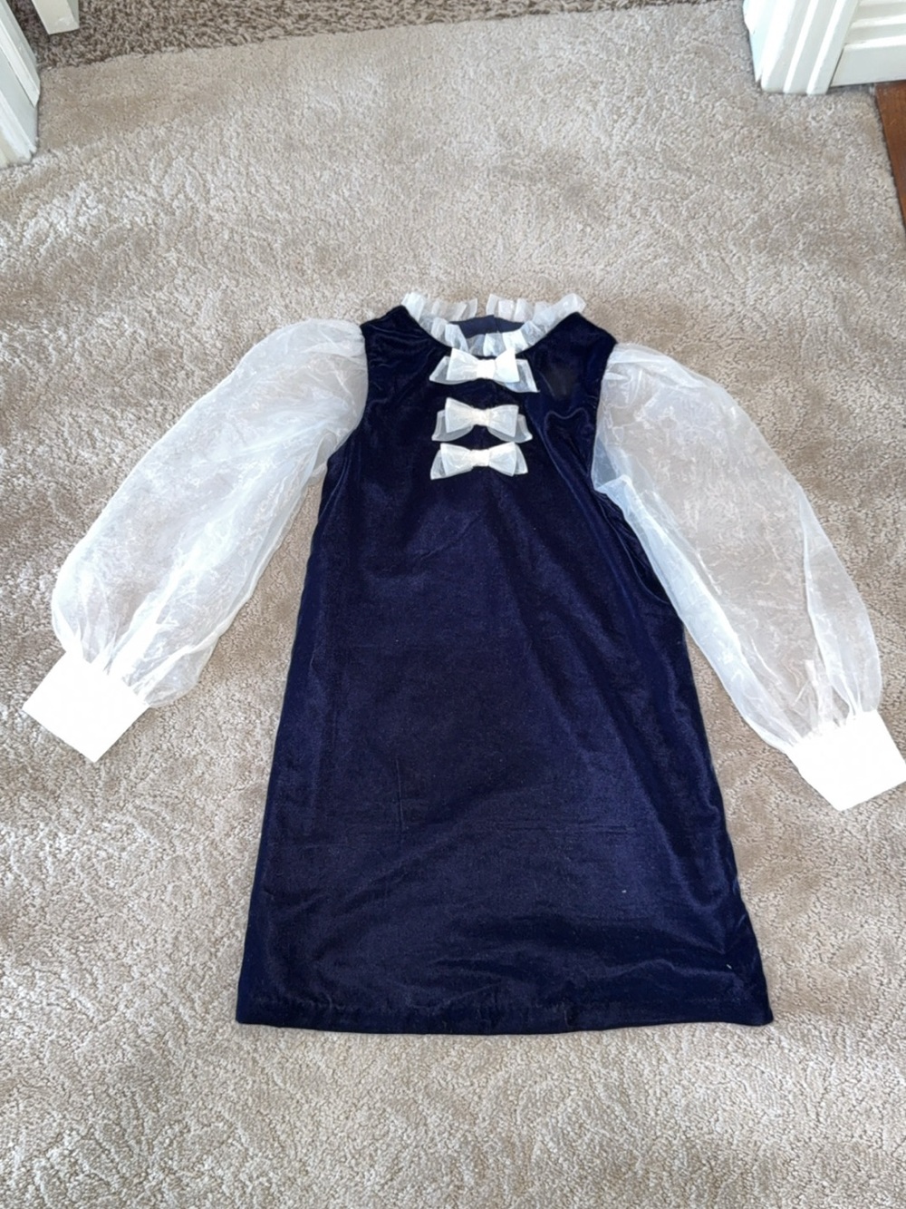 Janie and Jack Navy Velvet Dress with White Sheer Sleeves and Bows